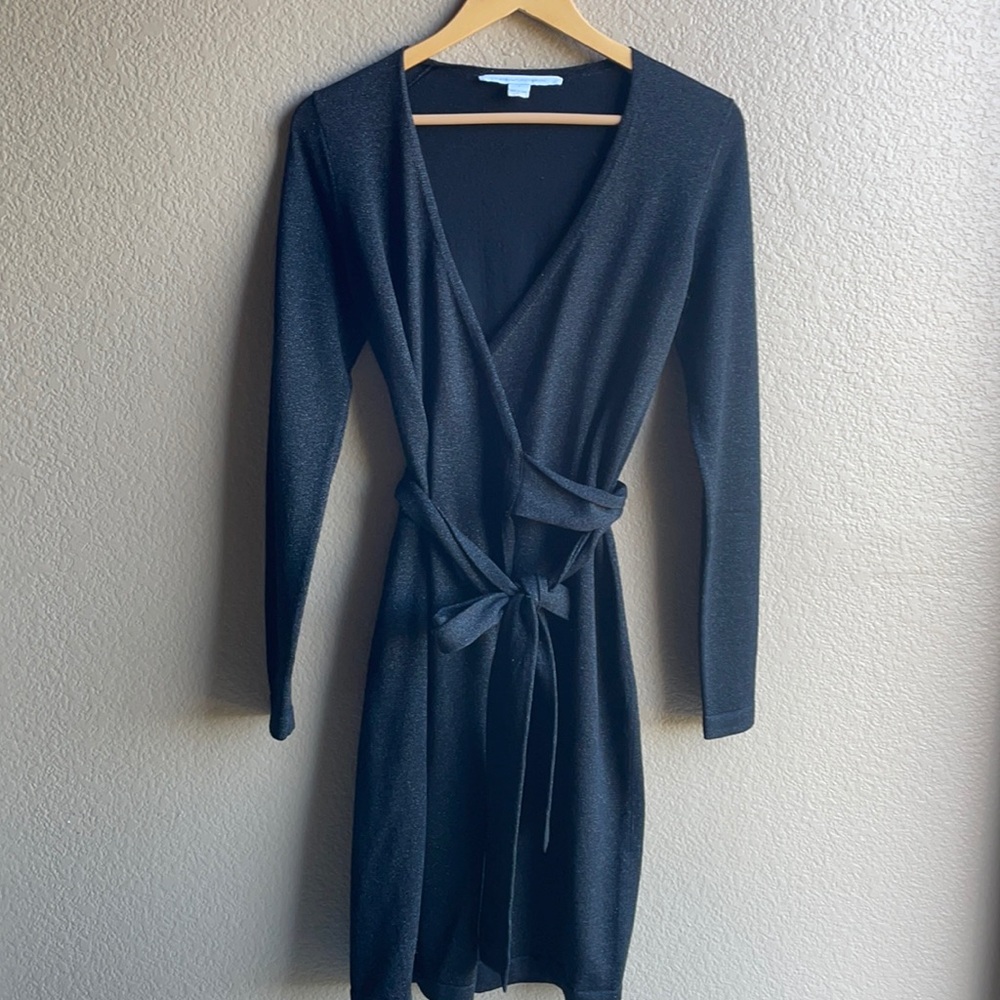 DVF Diane Von Furstenberg Black Metallic Wrap Dress S
